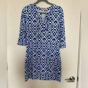 Barbara Gerwit Blue and White Sheath Dress with 3/4 Sleeves - Size S